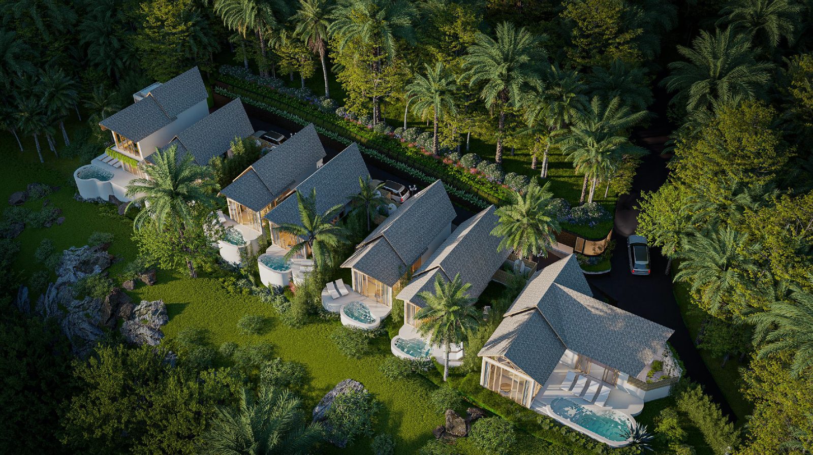 Aerial view of the seven Zula Villas in the green hills of Kuta Lombok