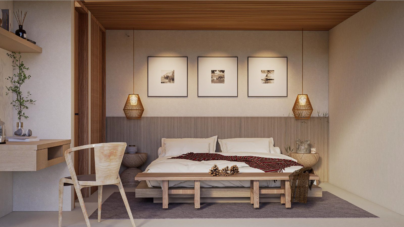 Bright bedroom with natural materials in a Zula villa