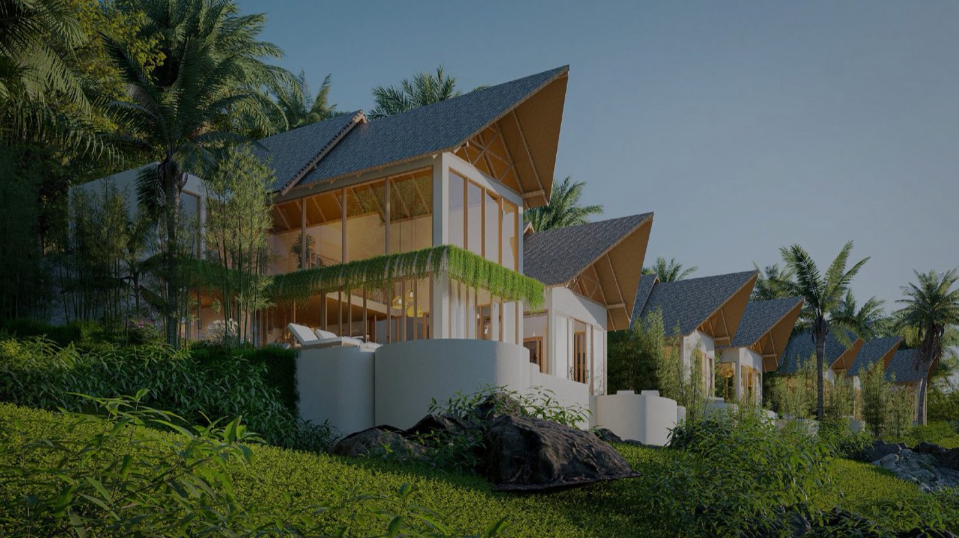 Dusk over a private pool villa above the valley in Kuta, Lombok