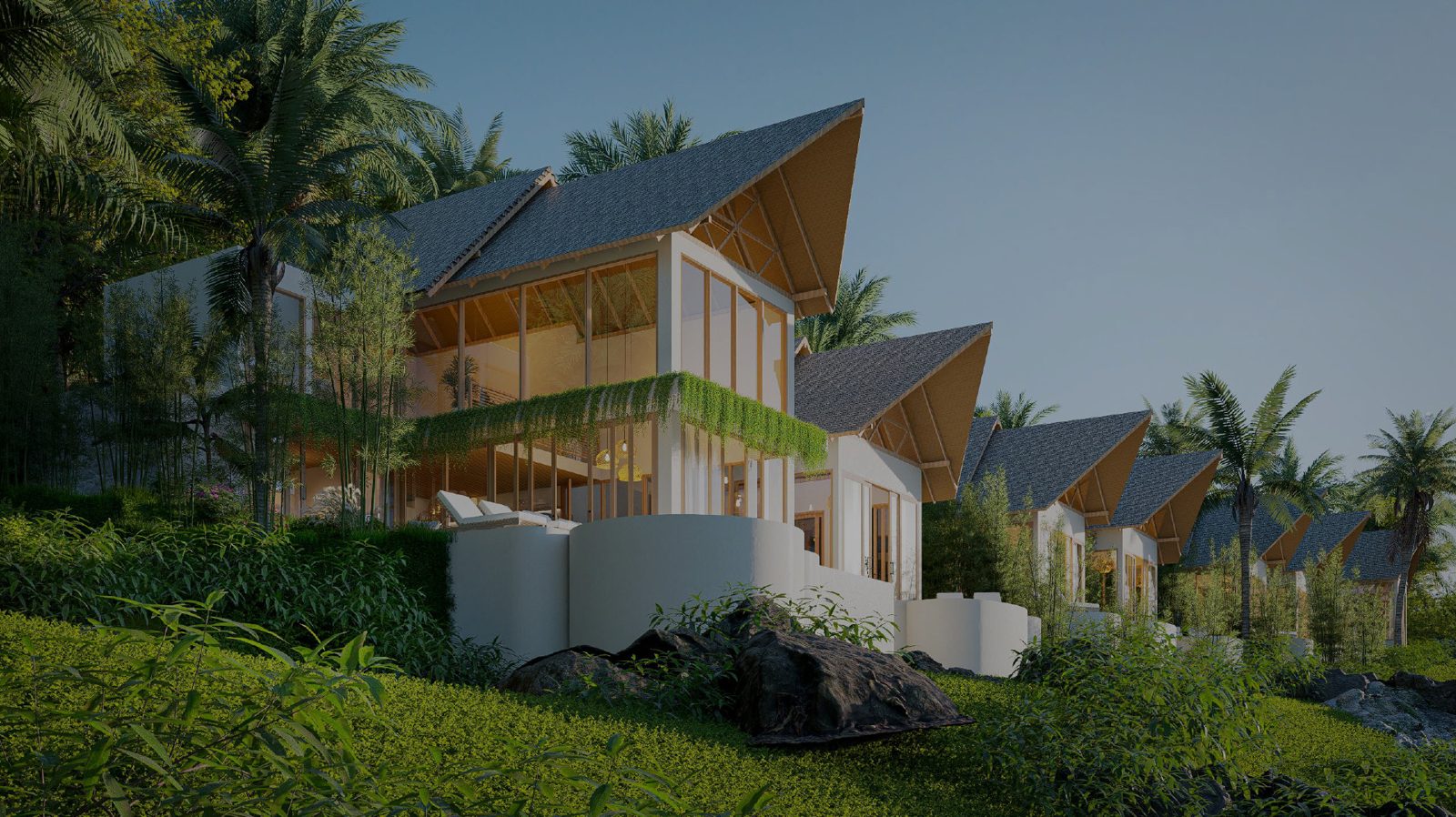 Zula Villas at dusk: warm light over a private pool villa above the valley in Kuta Lombok