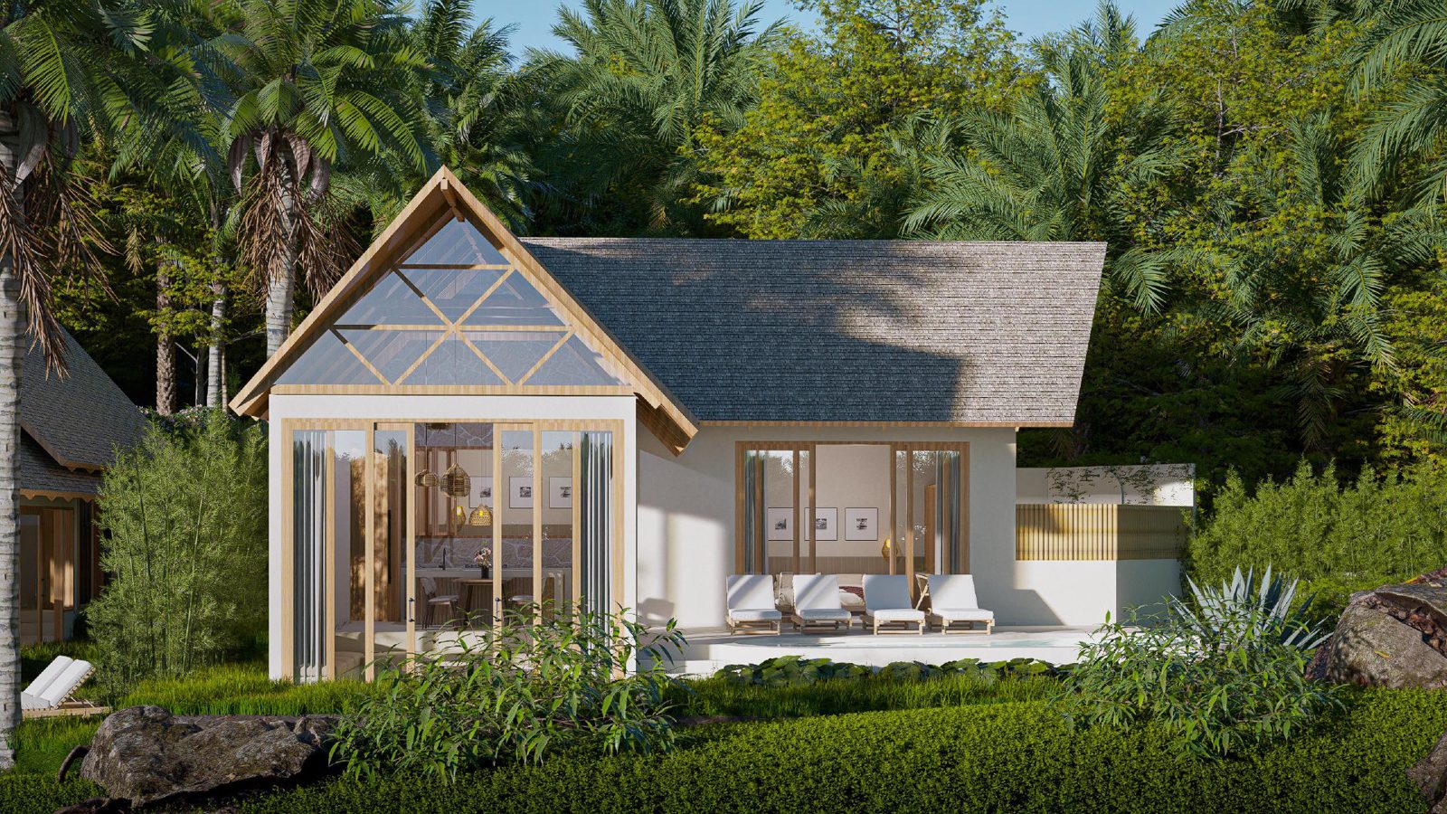 Front view of a freestanding Zula villa in tropical garden