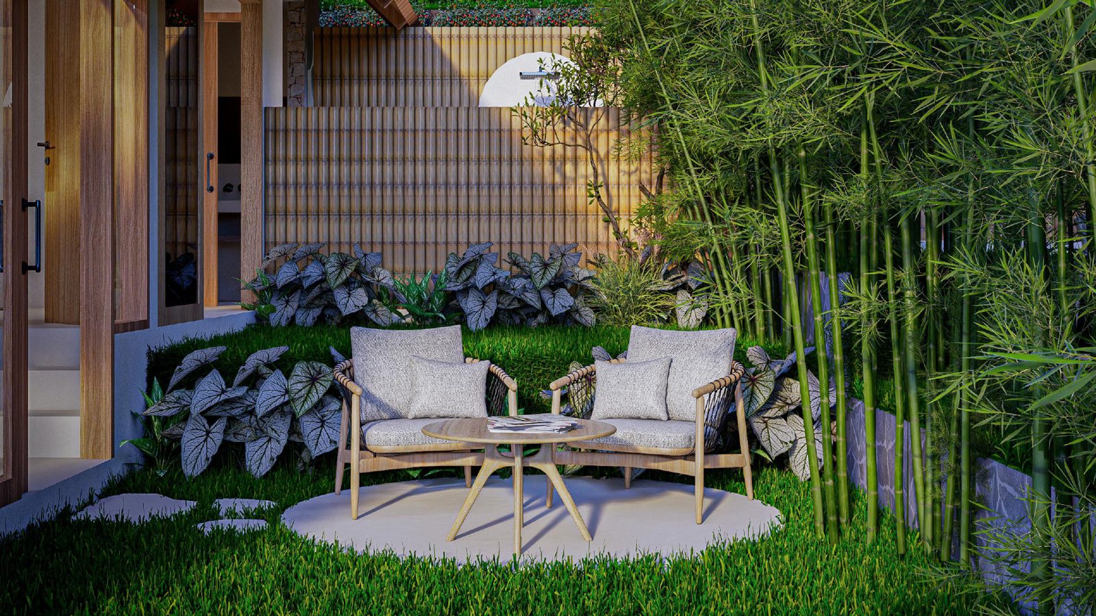 Private garden seating area with bamboo at Zula Villas