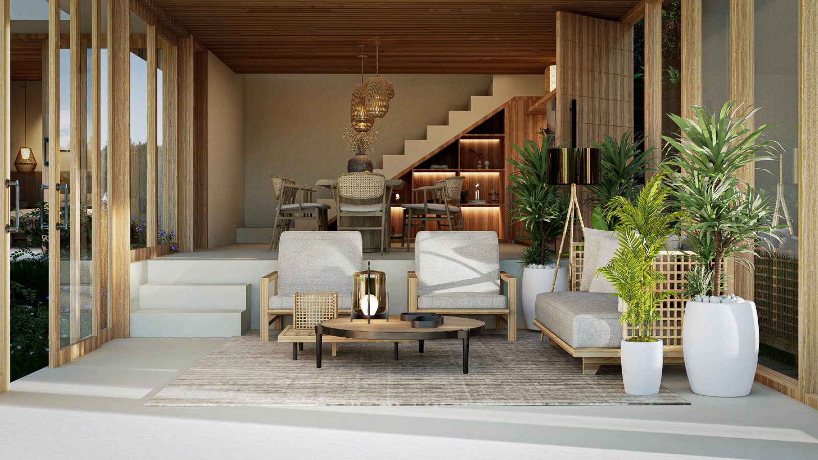 Open living area with natural wood and staircase inside a Zula villa