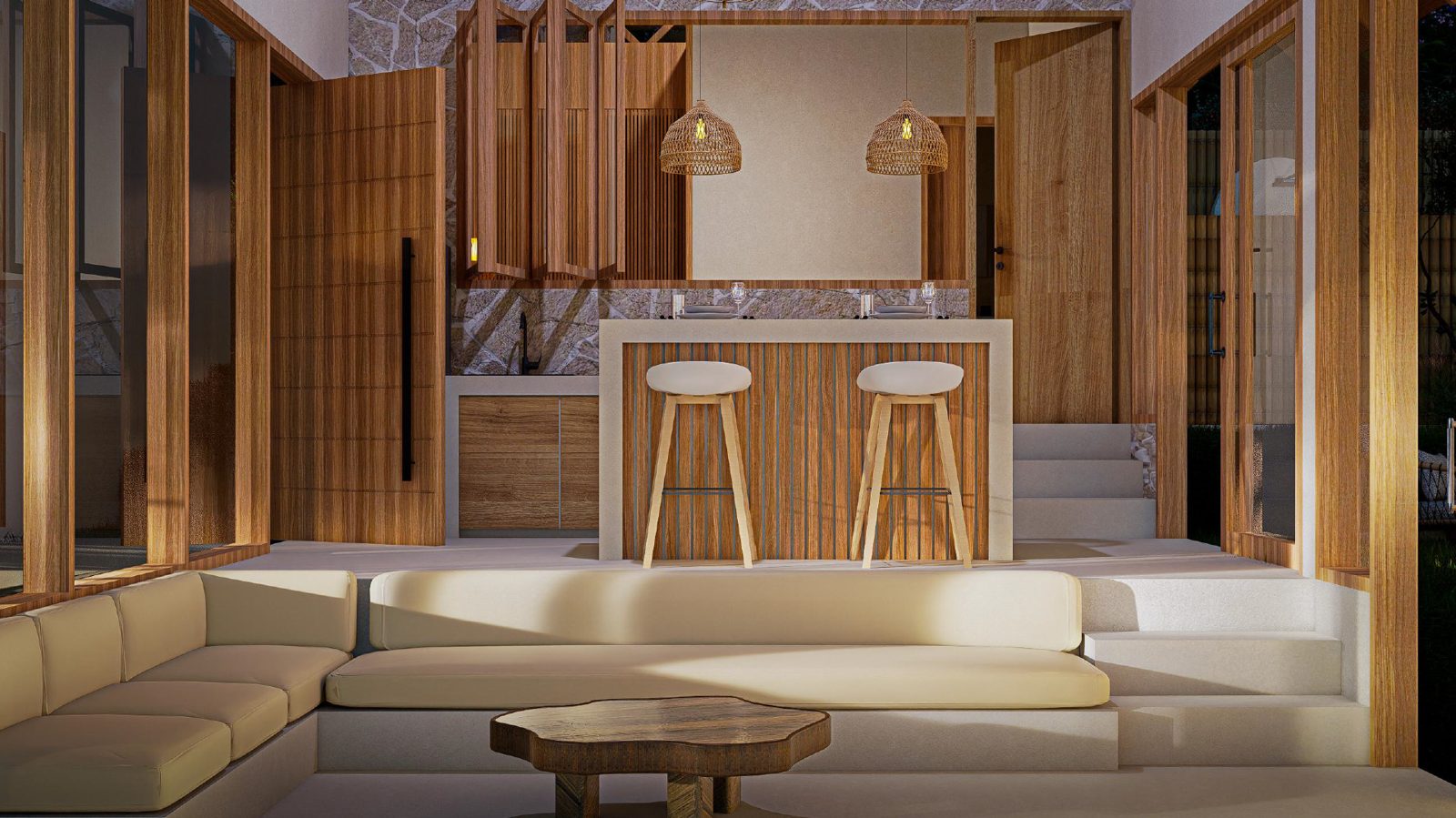 Sunken lounge with bar seating in a Zula villa
