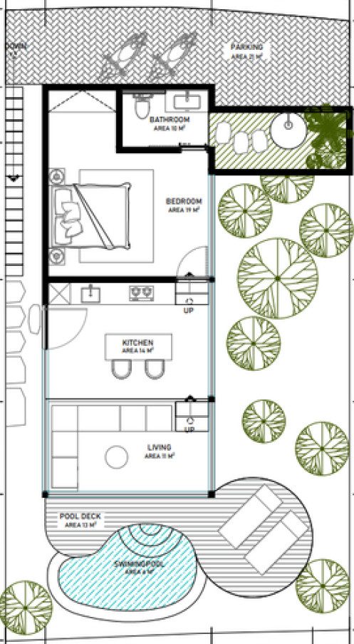 Floor plan of the 1-bedroom Zula villa, 157 m2 land, 72 m2 living area