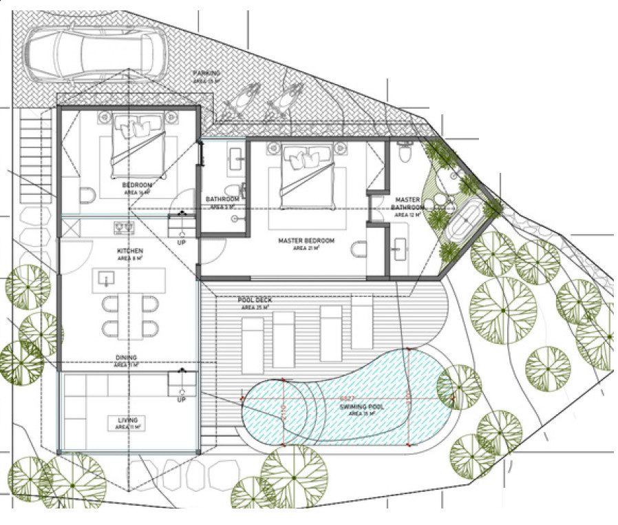 Floor plan of the 2-bedroom Zula villa, 246 m2 land, 117 m2 living area