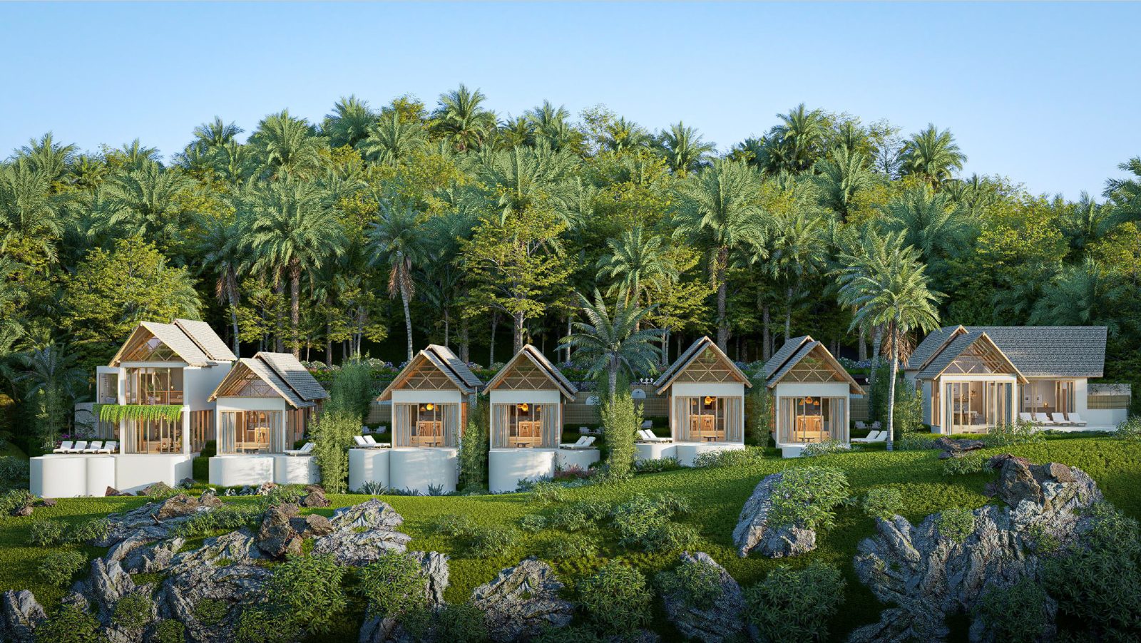 The seven freestanding Zula Villas on a green hillside above Kuta Lombok